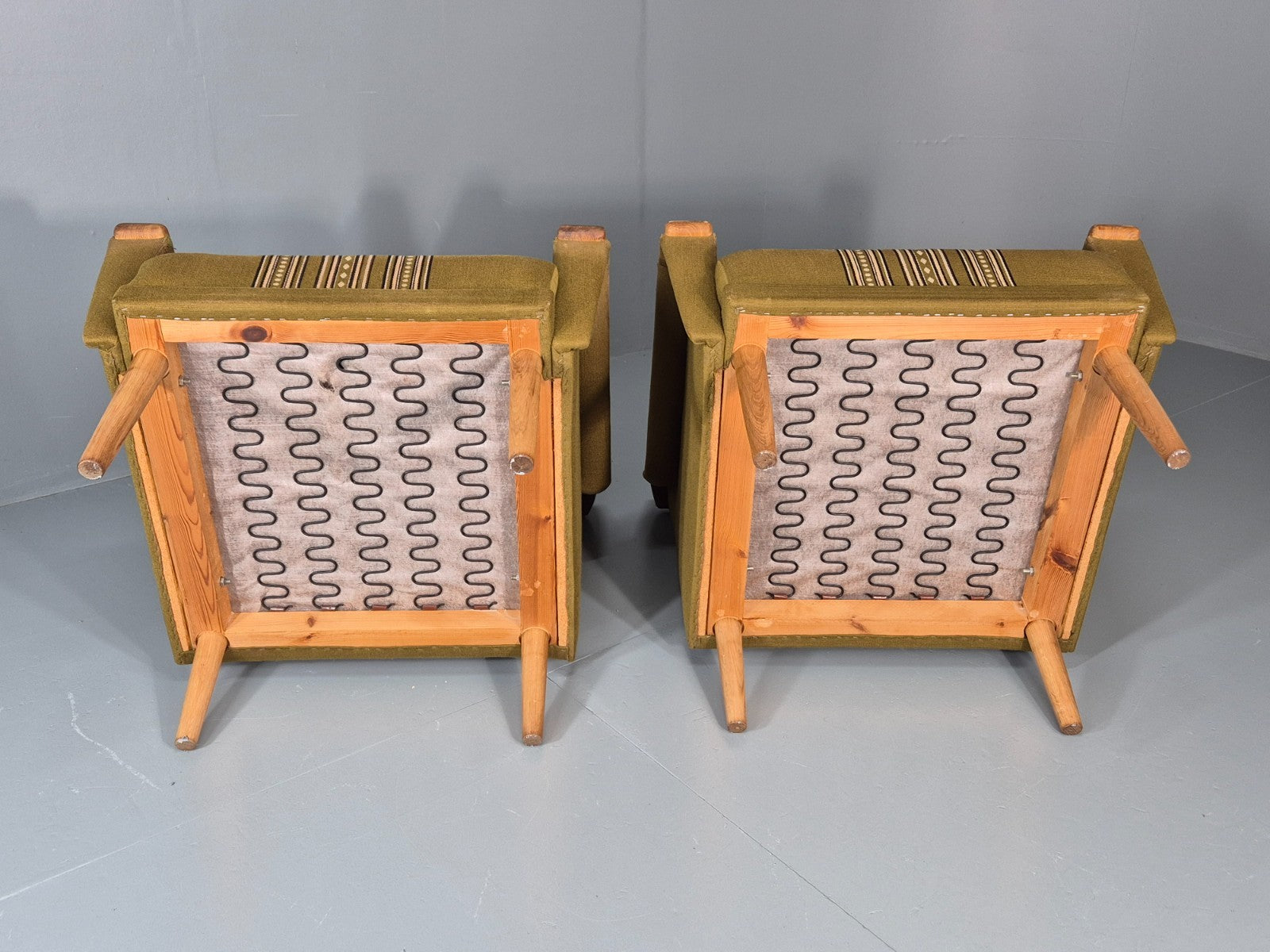 2 1970s Danish Lounge Chairs Green Wool Oak Details Retro Quality EB11408 MNOR17