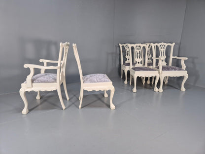 6 Vintage Chippendale Style Chairs White Painted Blue Chenille 1950s EB9394 VDIN - UKDK FURNITURE
