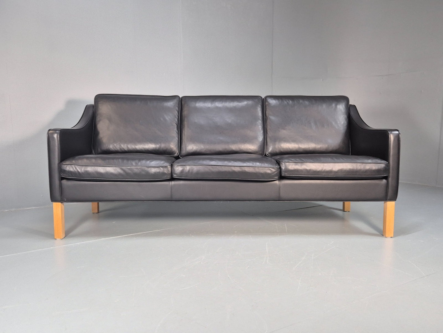 Vintage Hurup Danish 3 Seat Black Leather Sofa Mogensen 1980s Retro EB9966 M3SS4