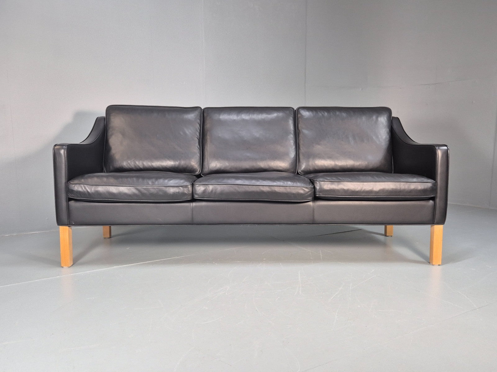 Vintage Hurup Danish 3 Seat Black Leather Sofa Mogensen 1980s Retro EB9966 M3SS4