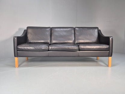 Vintage Hurup Danish 3 Seat Black Leather Sofa Mogensen 1980s Retro EB9966 M3SS4