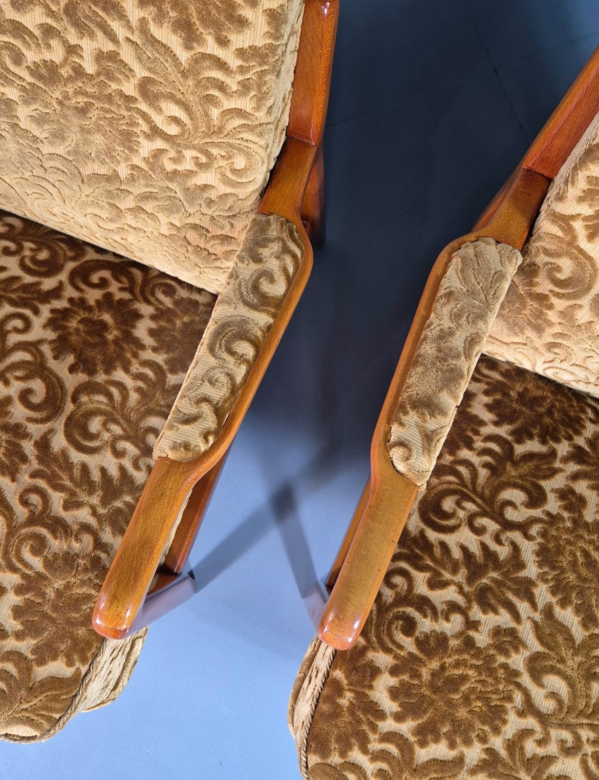 2 Swedish Lounge Chairs Gold Floral Moquette Beech Vintage 1960s MCM EB7031 MNOR3