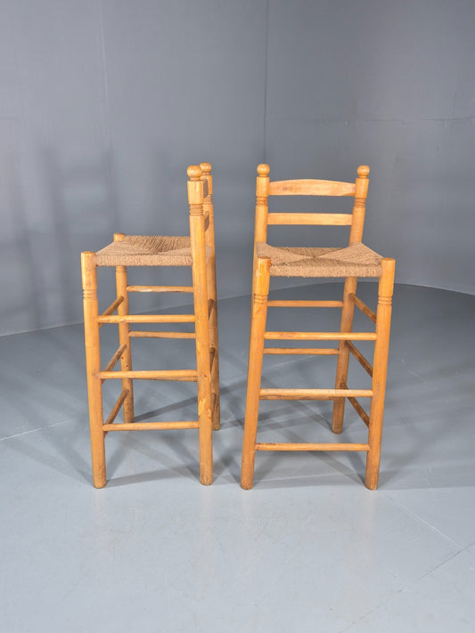 2 Vintage High Bar Stools 1980s Pine Rush Seats Retro  EB11014 VDIN0