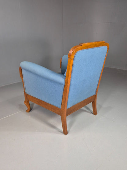 Vintage Danish Lounge Chair Blue Cloth Oak Frame 1900s Antique VCLO EB781312