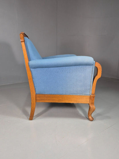 Vintage Danish Lounge Chair Blue Cloth Oak Frame 1900s Antique VCLO EB7813 - UKDK FURNITURE