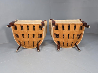 2Pair of Vintage Antique Danish Tub Chairs Beige Cream Stripes 1930s EB9049 VCLO - UKDK FURNITURE