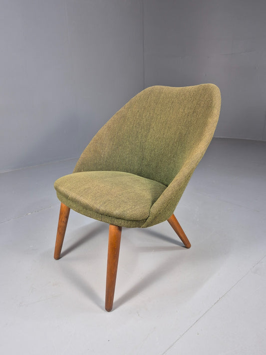 Vintage Danish Lounge Chair Curved Tub Form Green Wool Teak Legs MCM EB9264 MNOR - UKDK FURNITURE