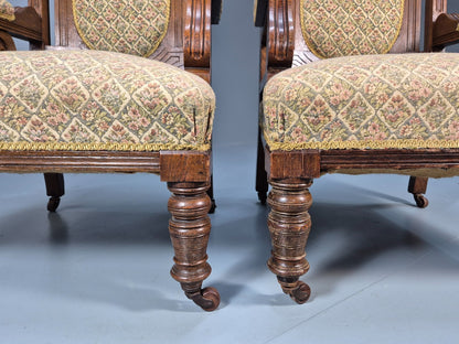 2 Edwardian Carved Oak Lounge Chairs Embroidery Upholstery 1900s EB10690 VCAR12