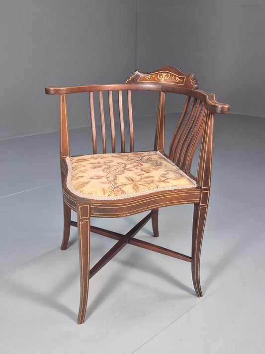 Edwardian Inlaid Corner Chair Mahogany Boxwood and Ivorine Antique EB10642 VDIN0