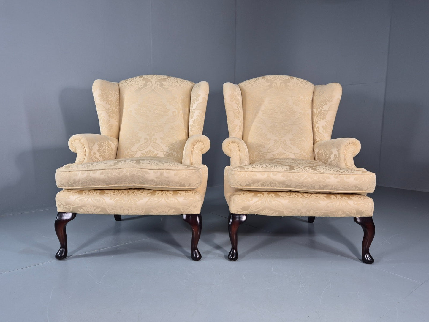 Georgian Style Wingback Armchairs Pair Gold Floral Fabric EB10934 VCLO3