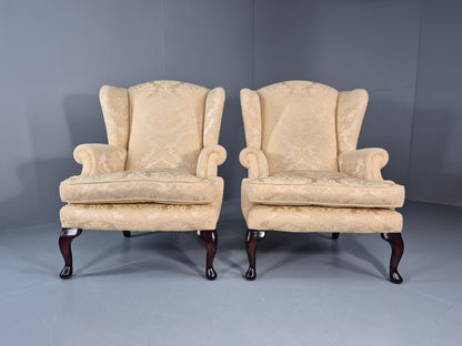 Georgian Style Wingback Armchairs Pair Gold Floral Fabric EB10934 VCLO3