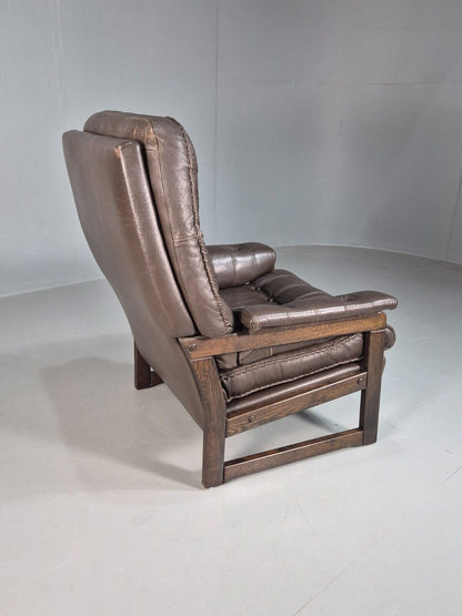 Vintage Danish Lounge Chair Brown Leather Buttoned 1970s Retro MCM EB8239 MNOR - UKDK FURNITURE