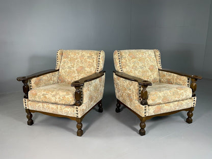 2 Vintage Danish Lounge Chairs Floral Cotton Oak Frame Retro EB6690 MNOR - UKDK FURNITURE