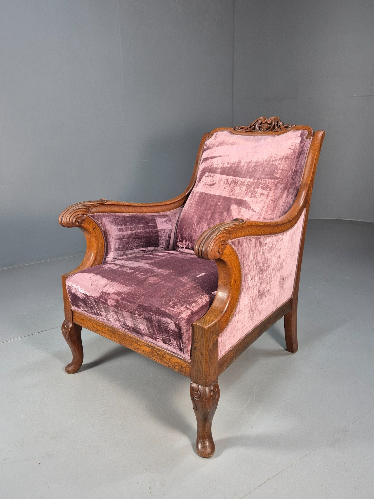 Vintage Danish Empire Chair Carved Oak Frame Purple Velvet Antique EB9616 VCAR - UKDK FURNITURE