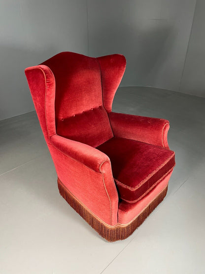 Vintage Danish Wingback Lounge Chair Red Velour Tassels 1940s Retro EB6450 VCLO - UKDK FURNITURE