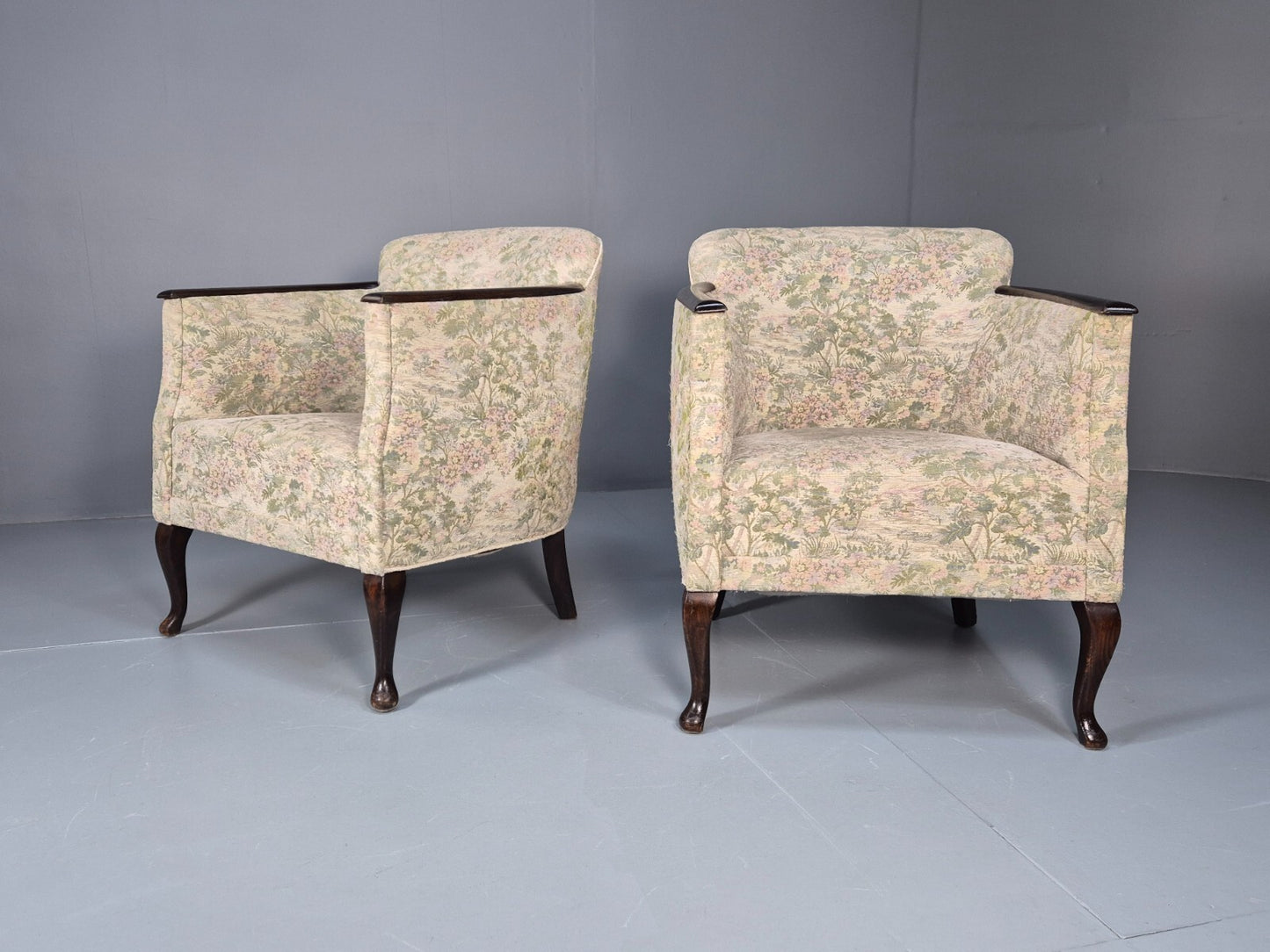 2 Vintage Danish Tub Chairs 1940s Floral Cotton 1980s Makeover EB9645 VCLO - UKDK FURNITURE
