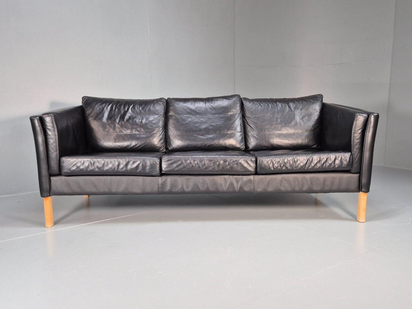 Vintage Danish 3 Seat Sofa Black Leather and Vinyl Straight Back EB8616 M3SS - UKDK FURNITURE
