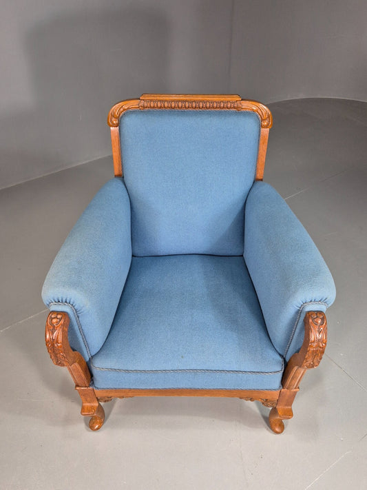 Vintage Danish Lounge Chair Blue Cloth Oak Frame 1900s Antique VCLO EB78131