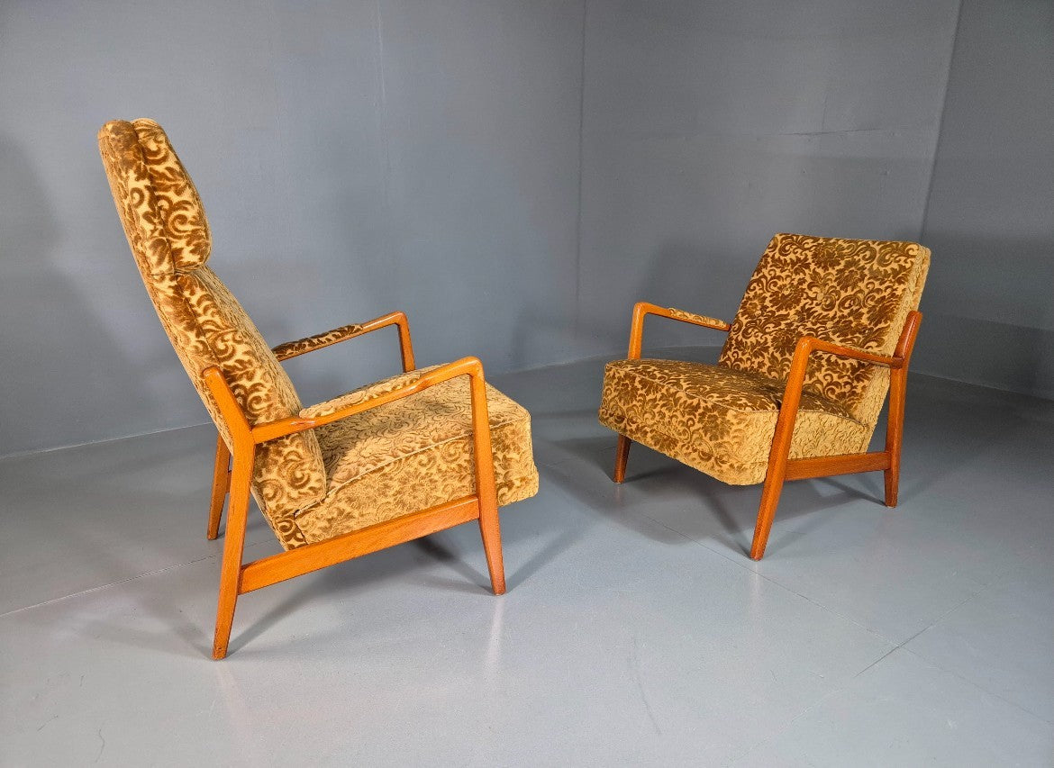2 Swedish Lounge Chairs Gold Floral Moquette Beech Vintage 1960s MCM EB7031 MNOR11