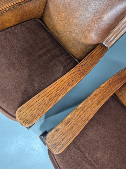 2 Edwardian Lounge Chairs Baroque Oak Frame Rexine and Velour EB11264 VLEA5