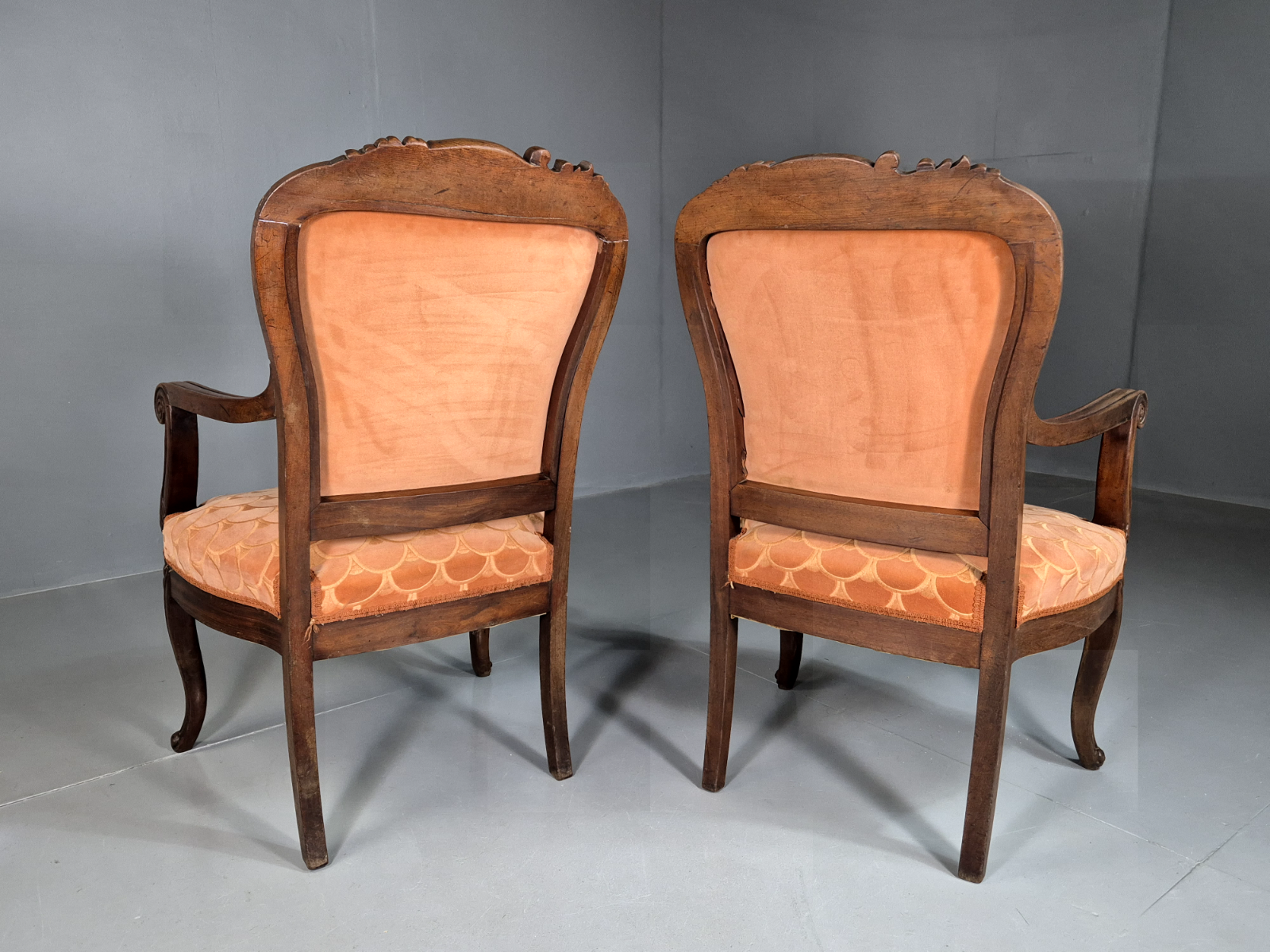 Vintage Fautueil Chairs Orange Upholstery Mahogany Antique  EB7380 VCLO7