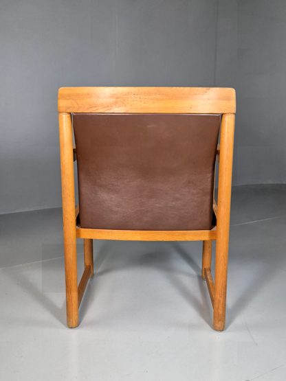 Vintage Scandinavian Elbow Chair Brown Leather Oak Frame Retro MCM EB7021 MNOR - UKDK FURNITURE