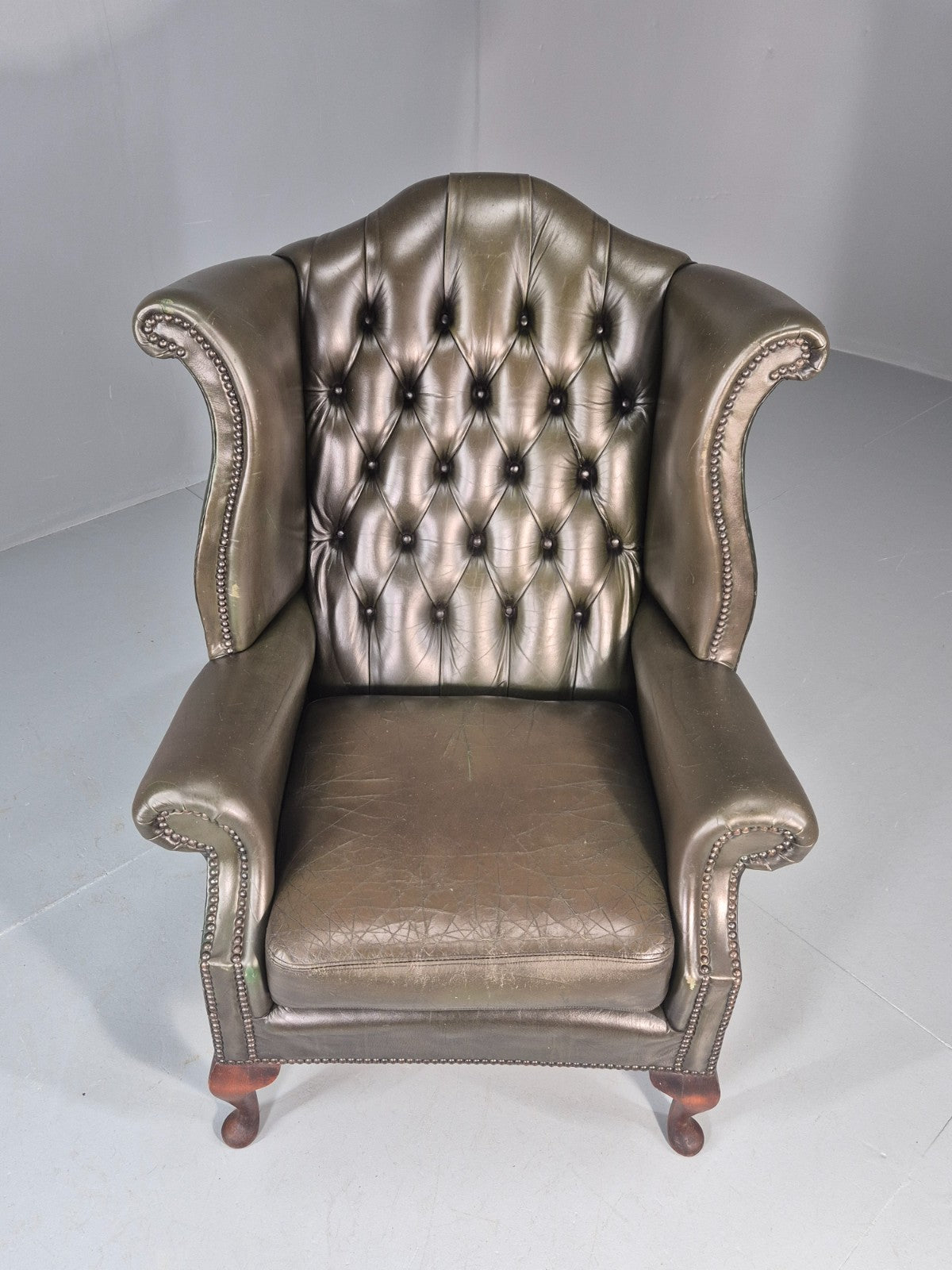 Vintage Wingback Leather Lounge Chair Queen Anne Style 1970s Retro EB11532 VLEA3