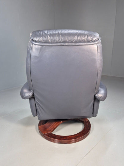 Vintage Danish Swivel Chair Blue Grey Leather Reclines 1980s Retro Eb8465 MSWI - UKDK FURNITURE