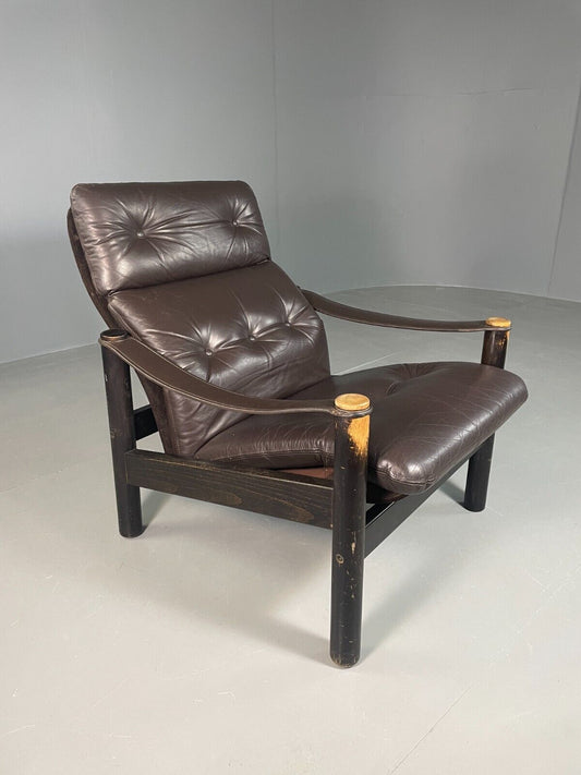 Vintage Danish Lounge Chair Brown Leather Sling Arms Retro MCM EB6867 MNOR - UKDK FURNITURE