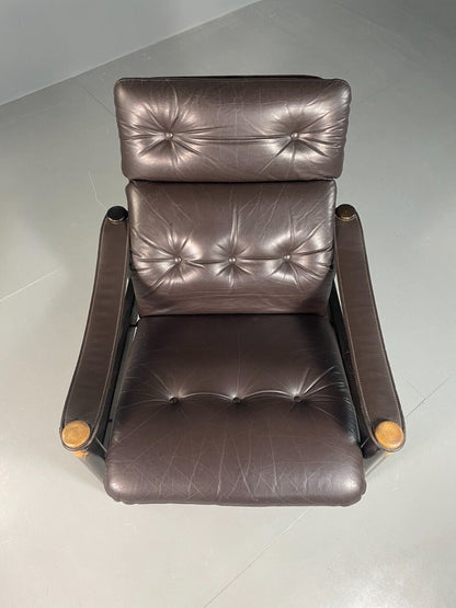 Vintage Danish Lounge Chair Brown Leather Sling Arms Retro MCM EB6867 MNOR - UKDK FURNITURE
