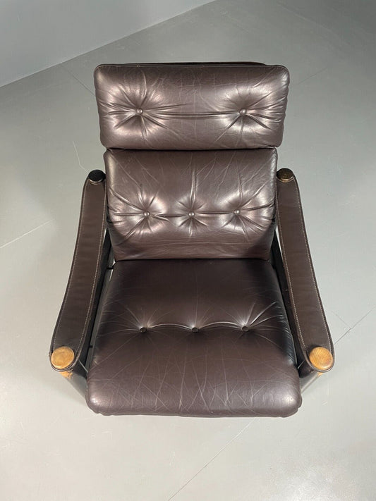 Vintage Danish Lounge Chair Brown Leather Sling Arms Retro MCM EB6867 MNOR - UKDK FURNITURE