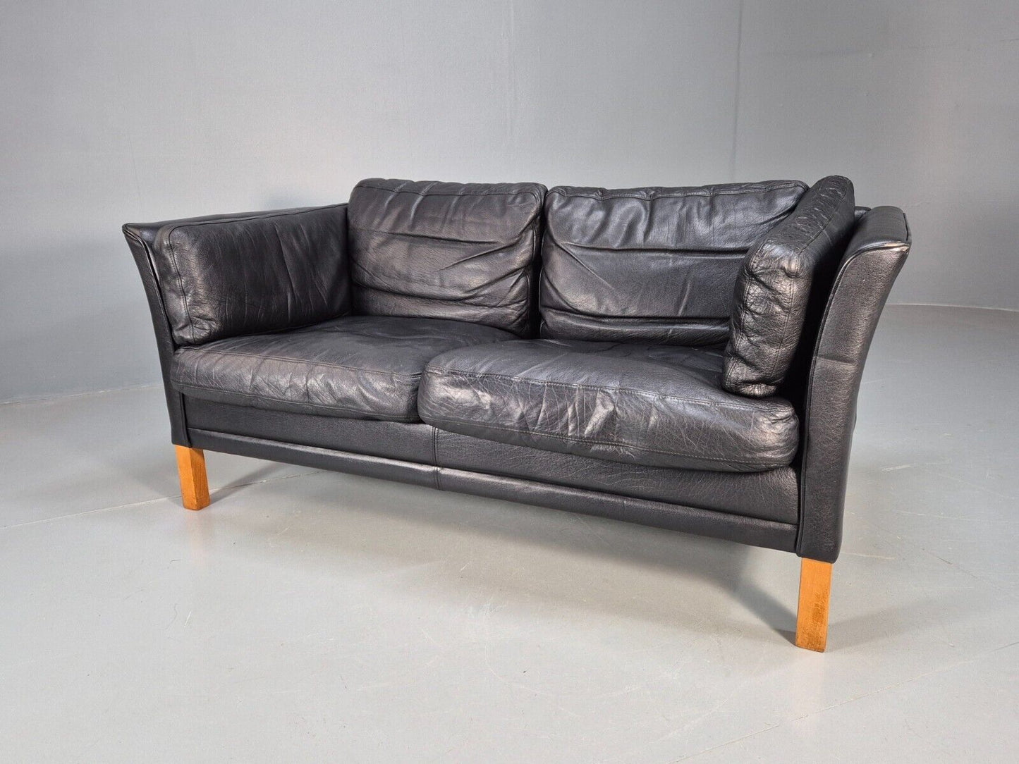 Vintage Danish 2 Seat Sofa Black Leather 1980s Retro MCM EB8696 M2SS - UKDK FURNITURE