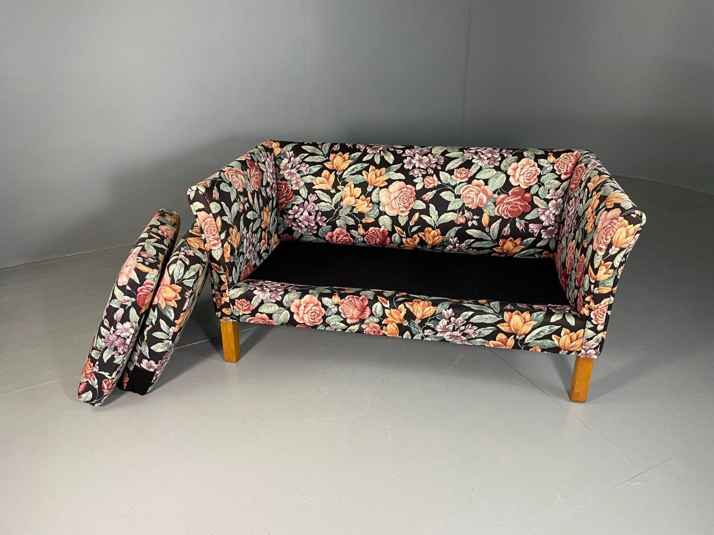 Vintage Danish 2 Seat Sofa Floral Print Oak 1970s Retro Mid Century EB6679 M2SS - UKDK FURNITURE
