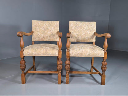 2 Antique Hall Chairs in Oak Frame and Floral Upholstery EB7362 VCAR2