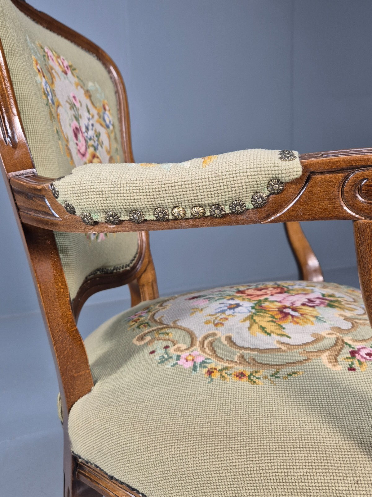 Vintage Rococo Fauteuil Floral Tapestry Carved Frame Danish 1960s EB9554 VCAR - UKDK FURNITURE