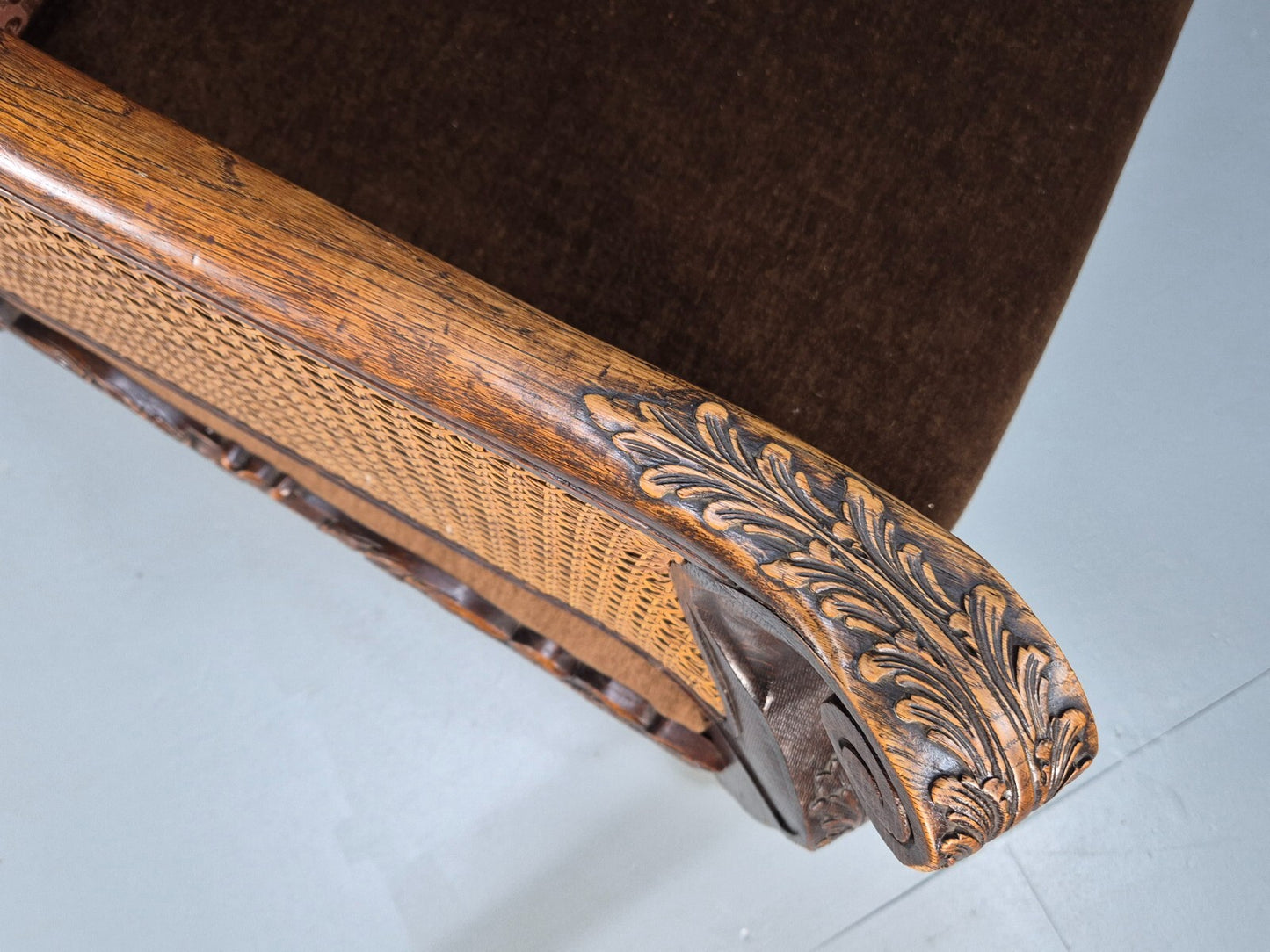 Vintage Danish 1920s Carved Oak Sofa Bergere Brown Velour Antique EB9544 V3SS - UKDK FURNITURE