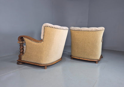 2 Vintage Danish Lounge Chair Floral Cotton Oak Detailing Antique Deco 1920 VCLO - UKDK FURNITURE