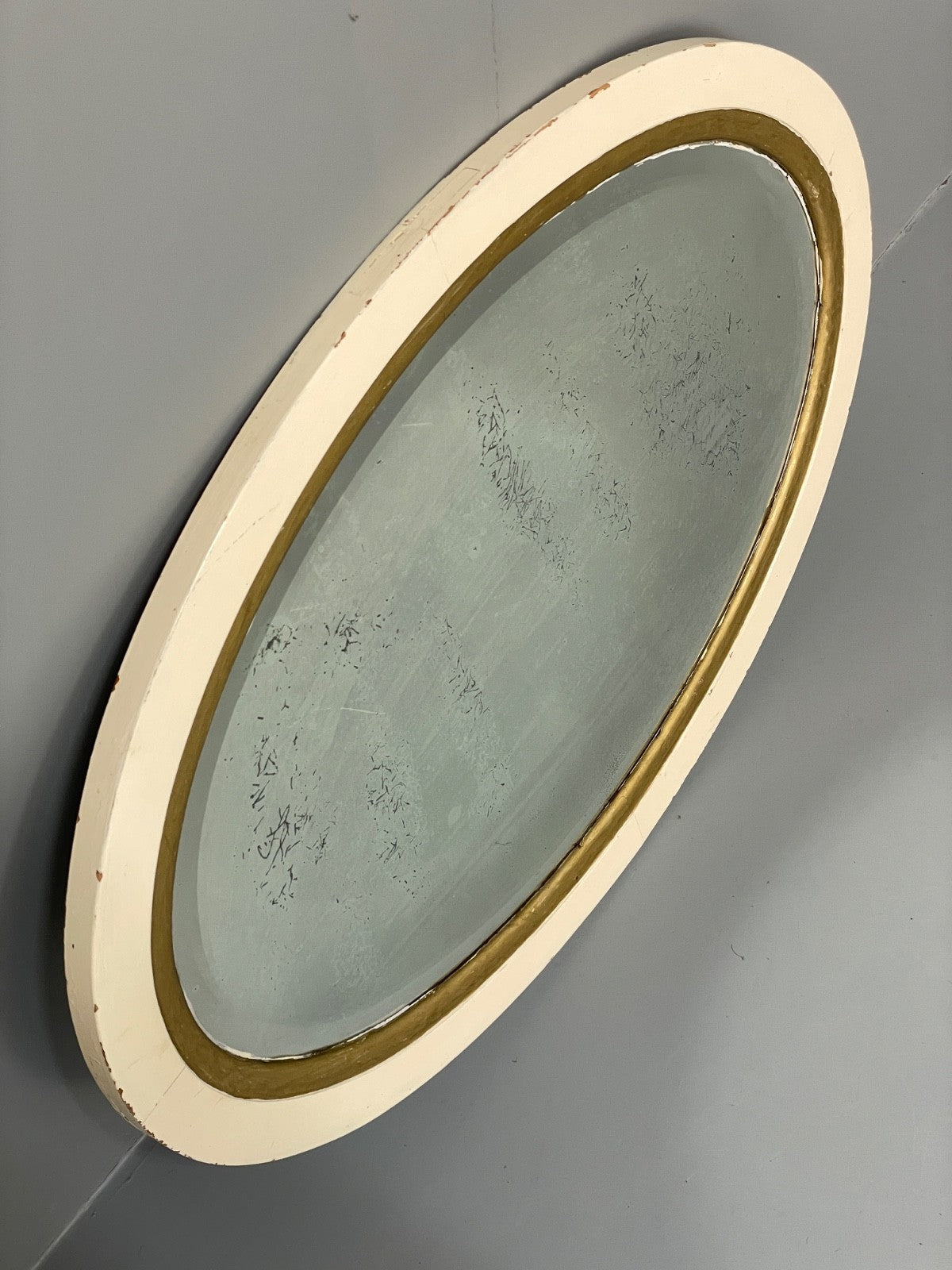 Antique Oval Wall Mirror White & Gold Painted Bevelled Patina EB11051 MWOO1