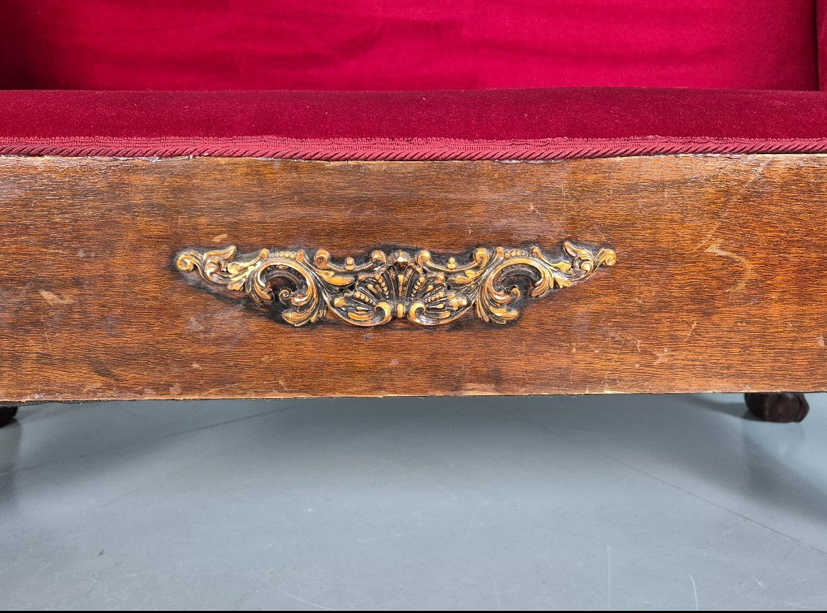 Vintage Antique Scroll End Settee Ball Claw Feet Red Velour 1900s EB7920 V2SS4