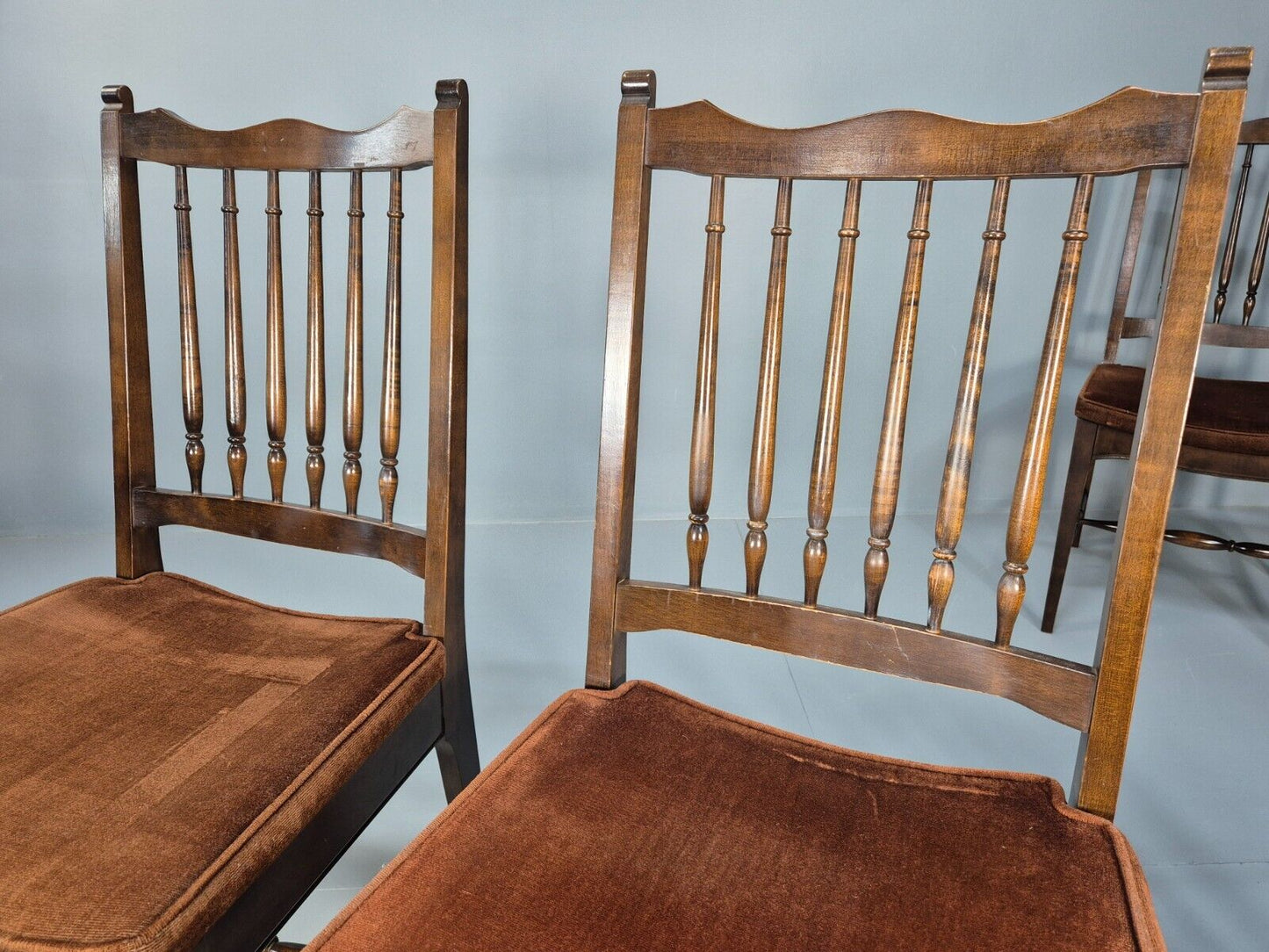 5 Vintage Dining Chairs Brown Velour Mahogany Stag 1970s Retro EB9148 VDIN - UKDK FURNITURE