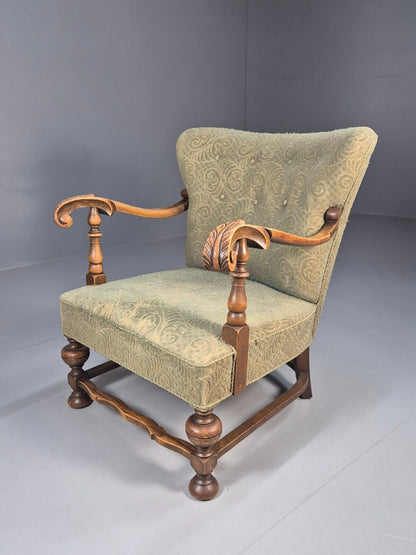 Vintage Danish Lounge Chair Green Moquette Carved Oak Frame 1940s EB8998 VCLO - UKDK FURNITURE