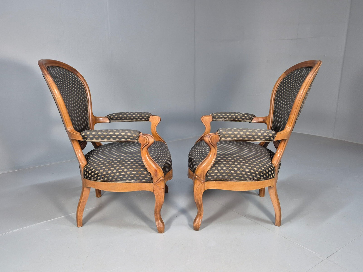 Antique Mahogany Armchair Pair Black Pattern Fabric Louis XV Style EB9558 VCLO - UKDK FURNITURE