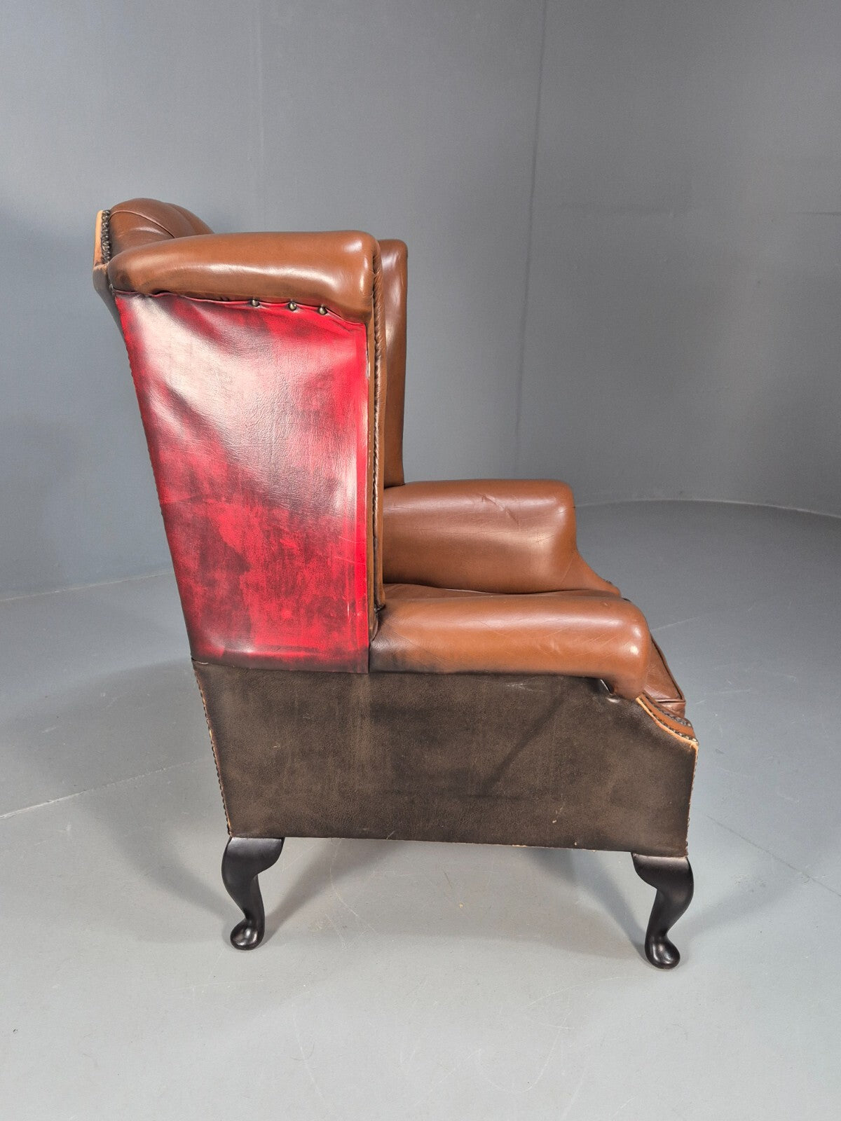 Vintage Leather Wingback Queen Anne Chair Brown 1980s Retro EB9543 VLEA - UKDK FURNITURE