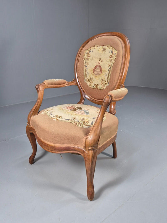Vintage Danish Rococo Style Lounge Chair Figural Tapestry Upholstery EB8982 VCLO - UKDK FURNITURE