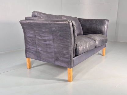 Vintage 2 Seater Sofa Danish Blue Leather Mid Century 1980s Retro EB9069 M2SS11