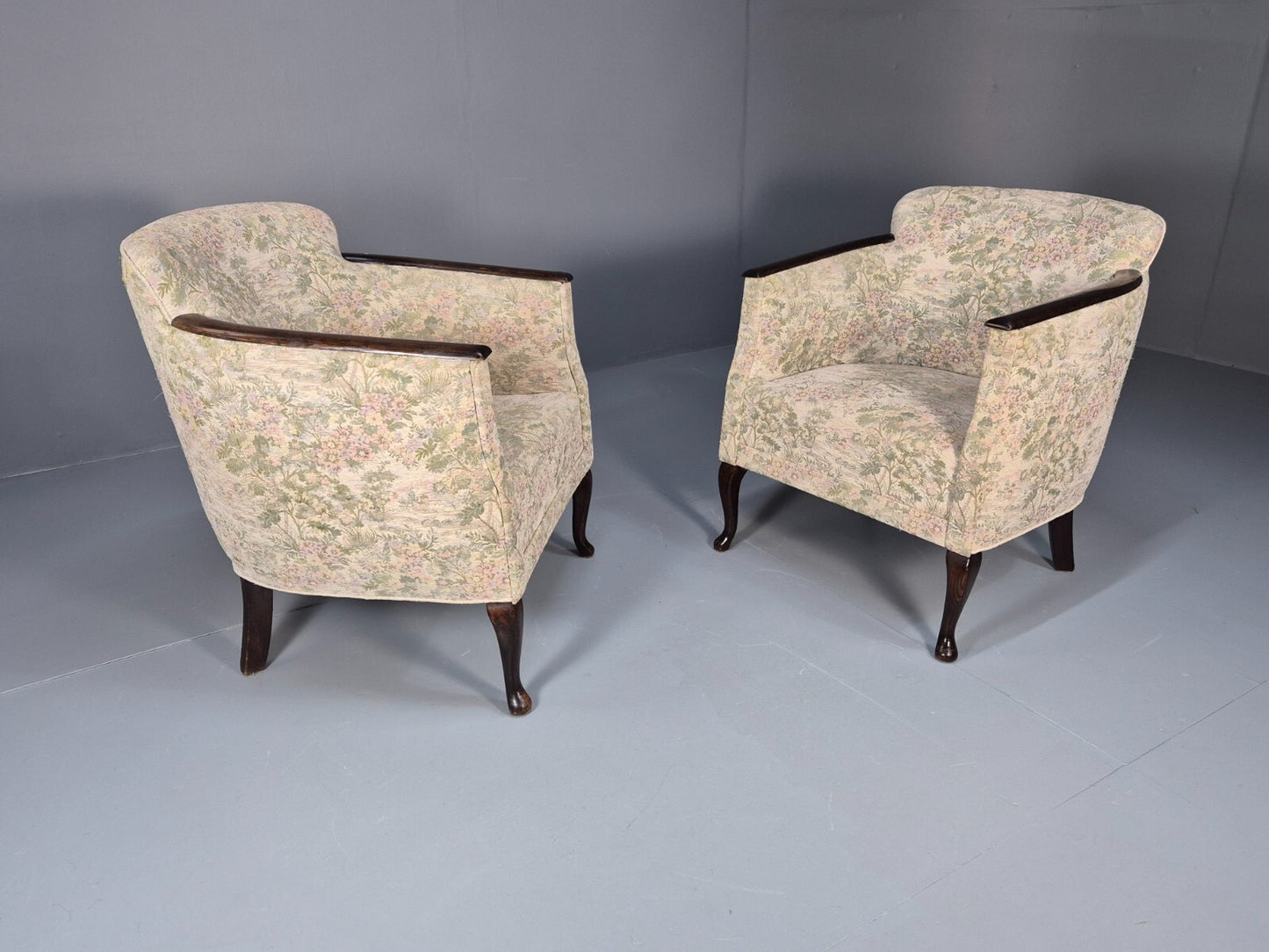 2 Vintage Danish Tub Chairs 1940s Floral Cotton 1980s Makeover EB9645 VCLO - UKDK FURNITURE