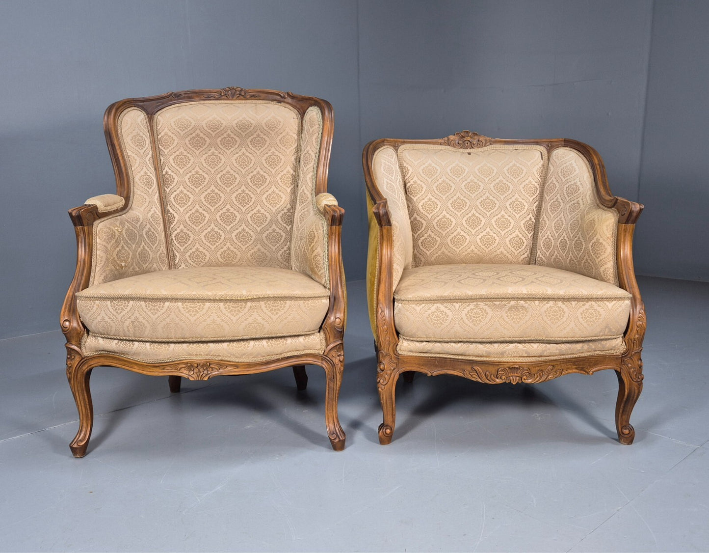 High and Low Back Danish Antique Rococo Style Lounge Chairs Damask EB9036 VCLO - UKDK FURNITURE