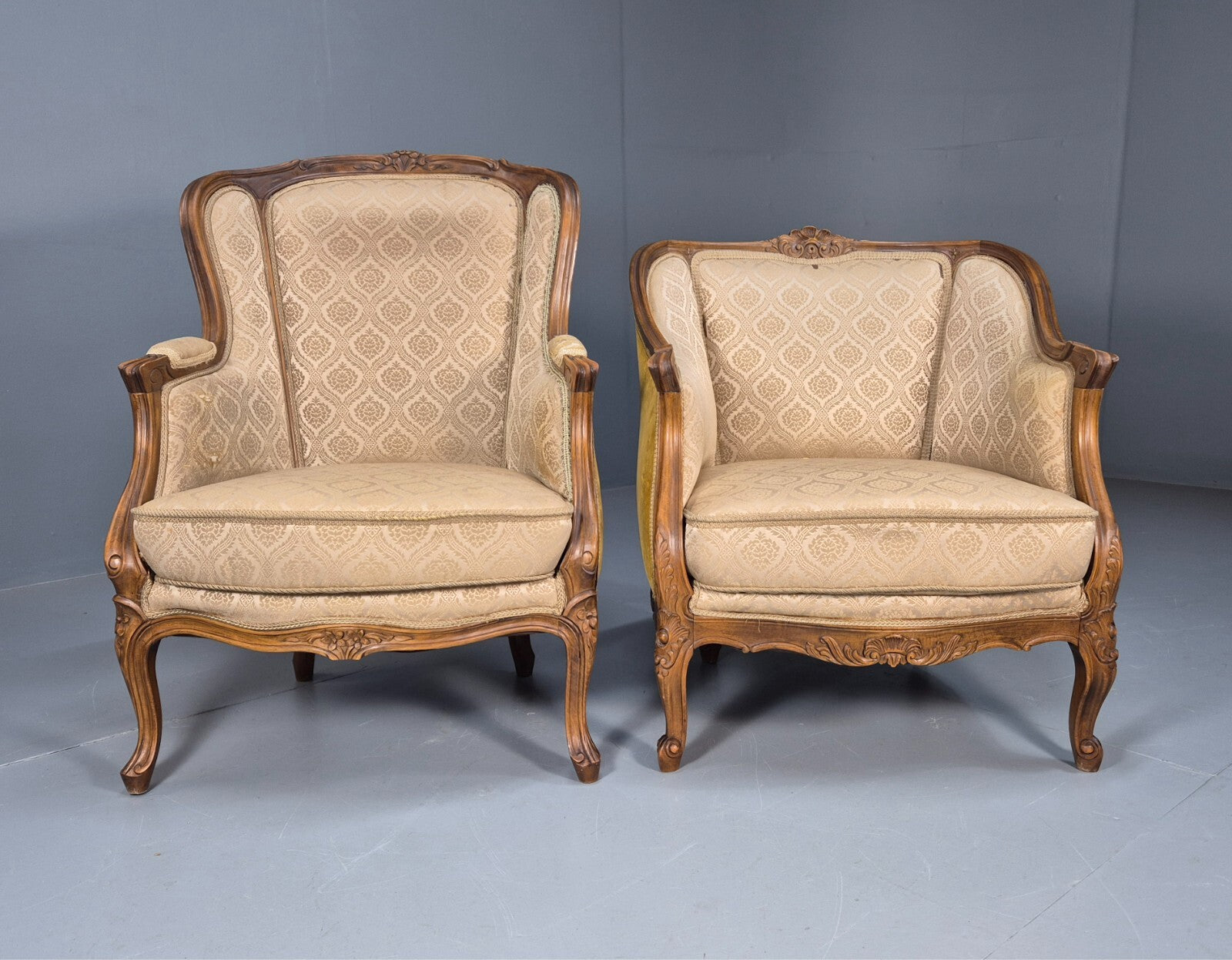 High and Low Back Danish Antique Rococo Style Lounge Chairs Damask EB9036 VCLO - UKDK FURNITURE