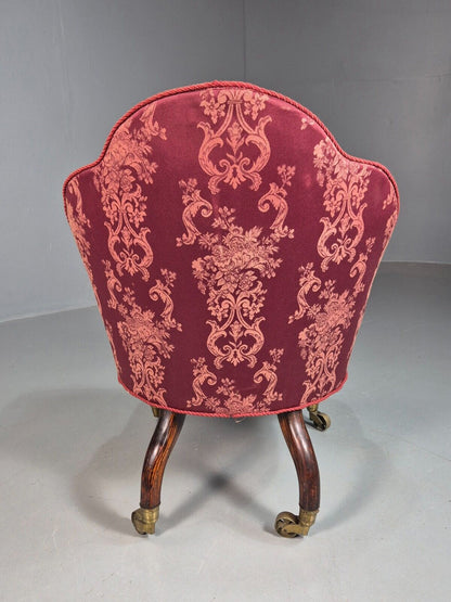 Antique Danish Occasional Chair Pink Satin Floral Motif Oak Brass EB8051 VCLO - UKDK FURNITURE