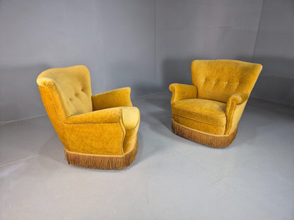 Pair Of Vintage Danish Gold Velour Armchairs Tassels Art Deco Style EB8068 VCLO - UKDK FURNITURE